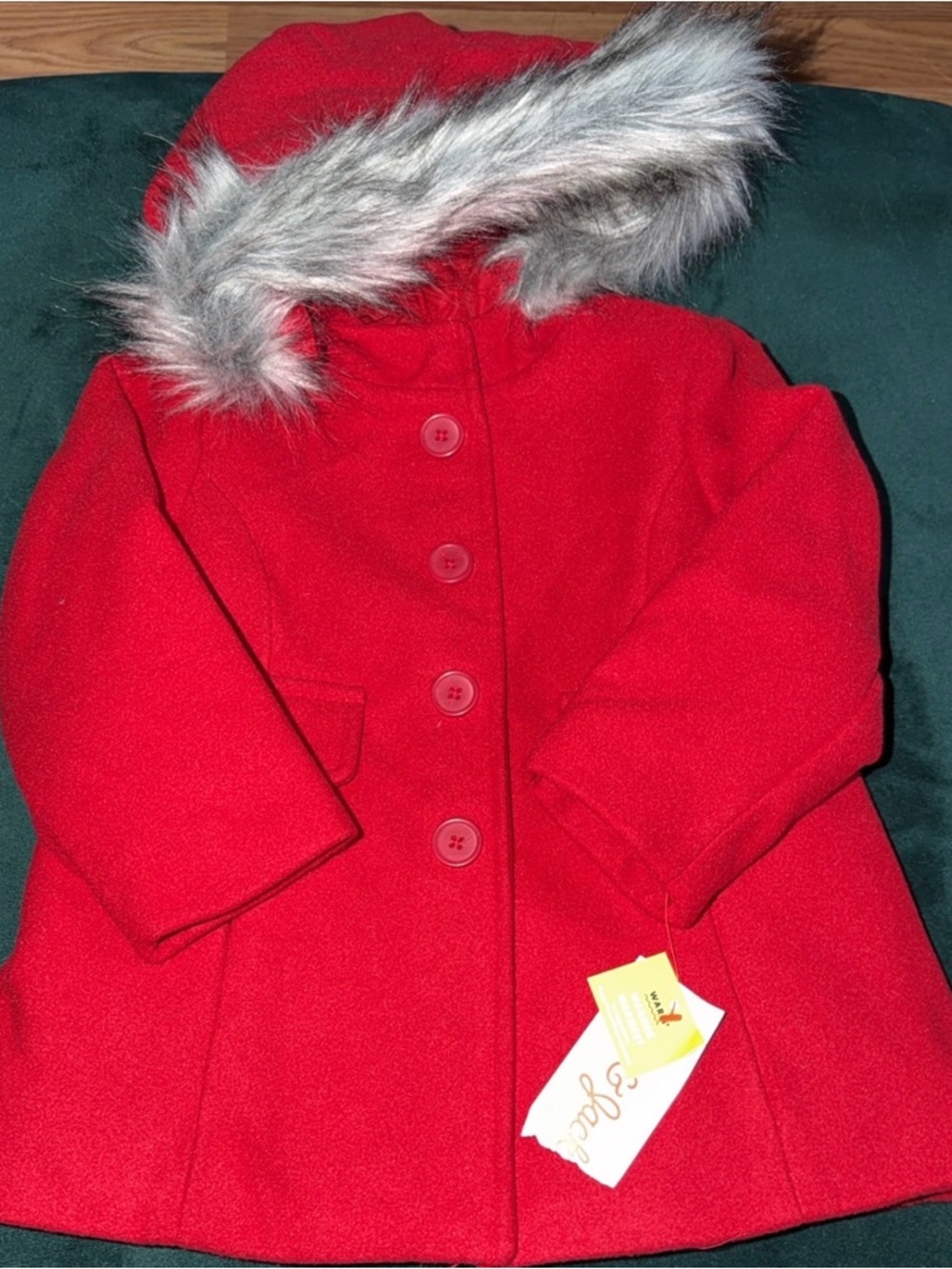 Cat & Jack Red Hooded Kids Coat with Faux Fur Trim